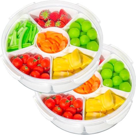 Amazon Com 2 Pack Veggie Tray With Lid For Fridge Clear Divided Serving Tray With Dip Snackle Box Container 6 Compartment Snack Storage For Party Reusable Dinner Fruit Platter For Refrigerator Organizer Bins