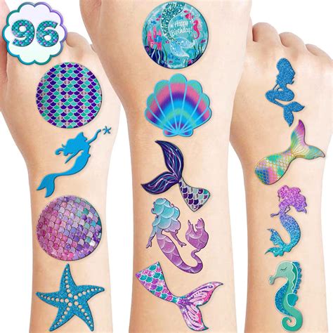 Amazon Com 96 Pcs Little Mermaid Temporary Tattoos Theme Happy Birthday Party Supplies Decorations Favors Decor Cute Under The Sea Tail Mermaids Tattoo Stickers Gifts For Kids Girls Boys Class Prizes Carnival