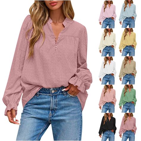 Ashirexll Long Sleeve Shirts For Women Winter Tops Solid Color V Neck Button Down Long Sleeve