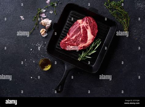 Black Angus Prime Beef Chuck Roll Steak On Cast Iron Grill Skillet With