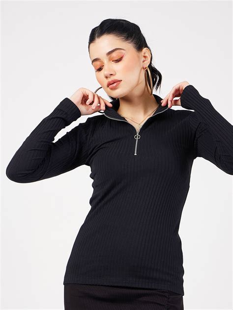 Buy Sassafras Black Ribbed High Neck Fitted Top Tops For Women 24956682 Myntra