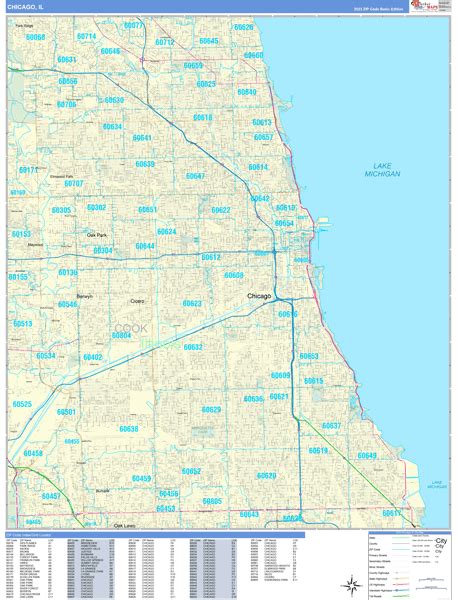 Chicago Illinois Zip Code Wall Map Basic Style By Marketmaps