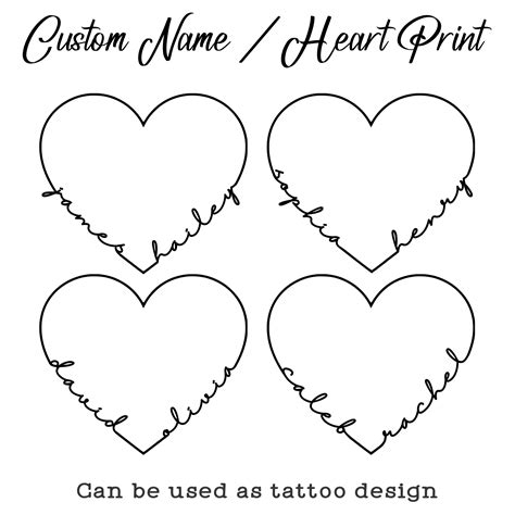 Custom Name Heart Tattoo Design Couple Custom Print Line