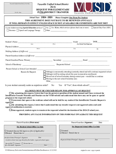 Fillable Online Vacaville Unified School District K 6 Request For