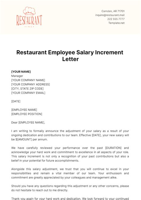 Free Restaurant Employee Salary Increment Letter Template To Edit Online