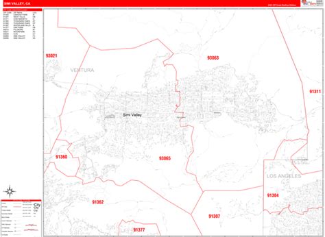 Simi Valley California Zip Code Wall Map Red Line Style By Marketmaps