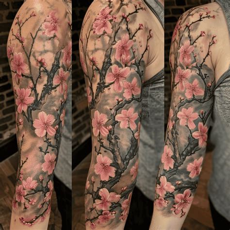 Stylish Cherry Blossom Tattoo On Full Sleeve Tattoos Designs